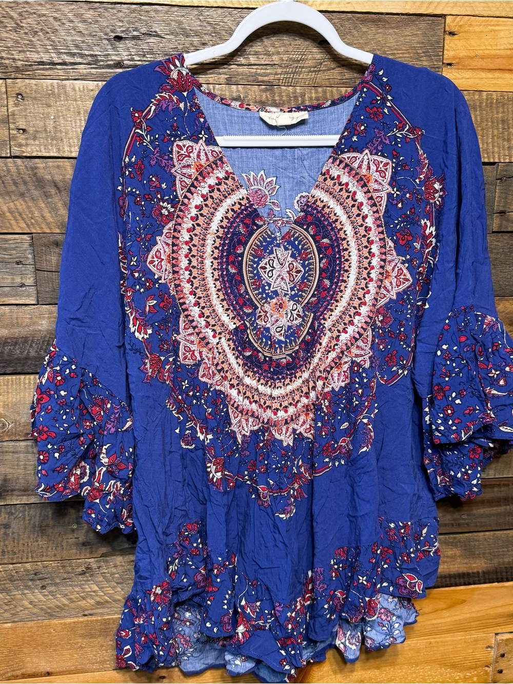 Aveology Frankie Frill Boho Bohemian Blue Floral Flare Tunic Top